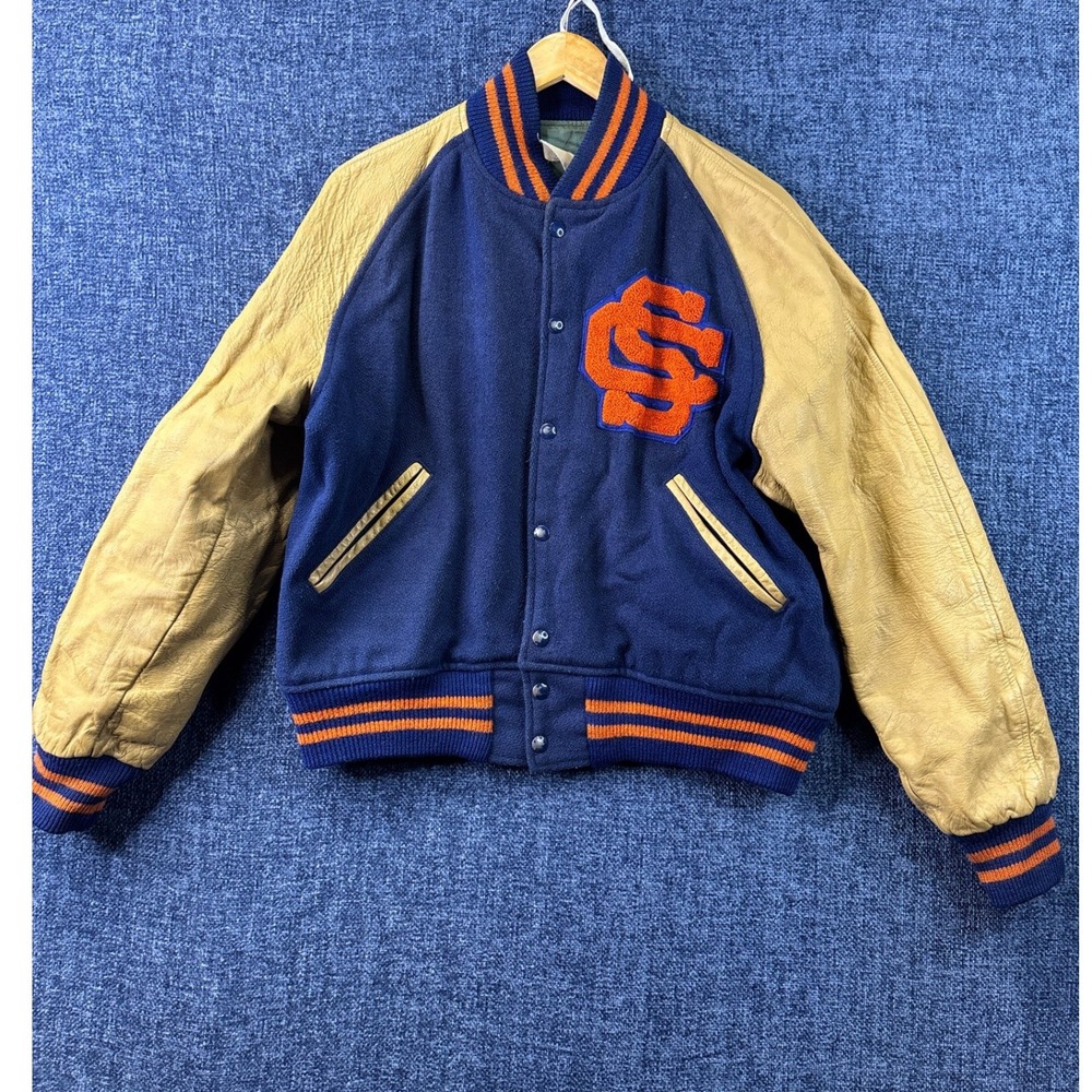 Varsity Jacket Mens 44 Blue Wool Tan Leather Letterman Vintage SC Patch